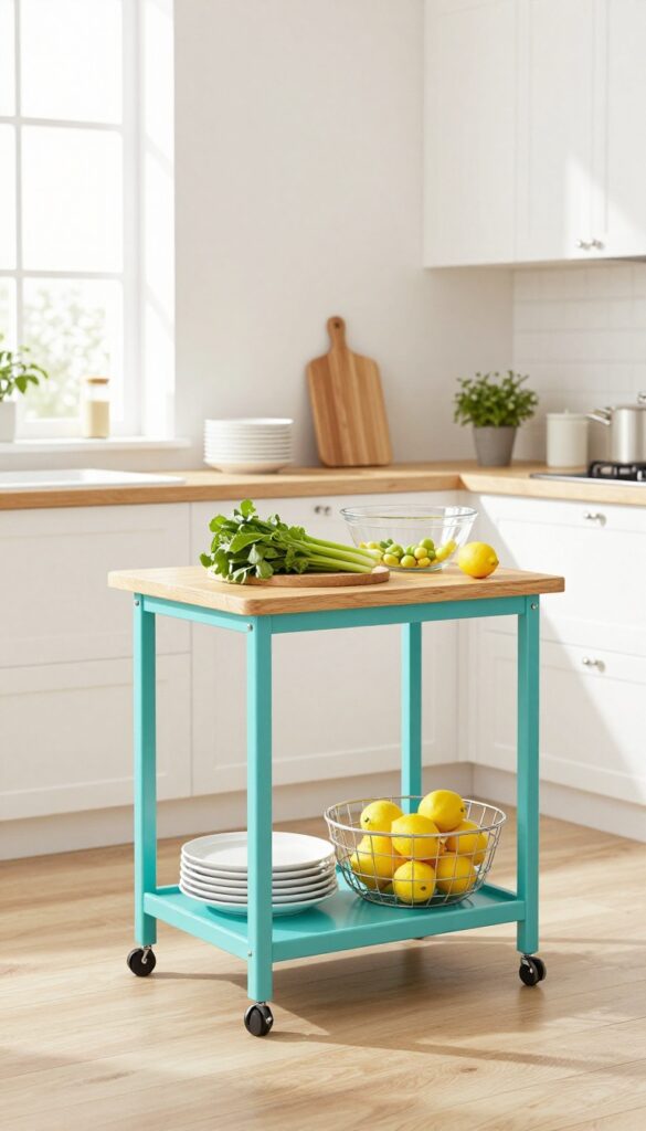 Turquoise rolling cart in a bright kitchen with prep items and fresh produce