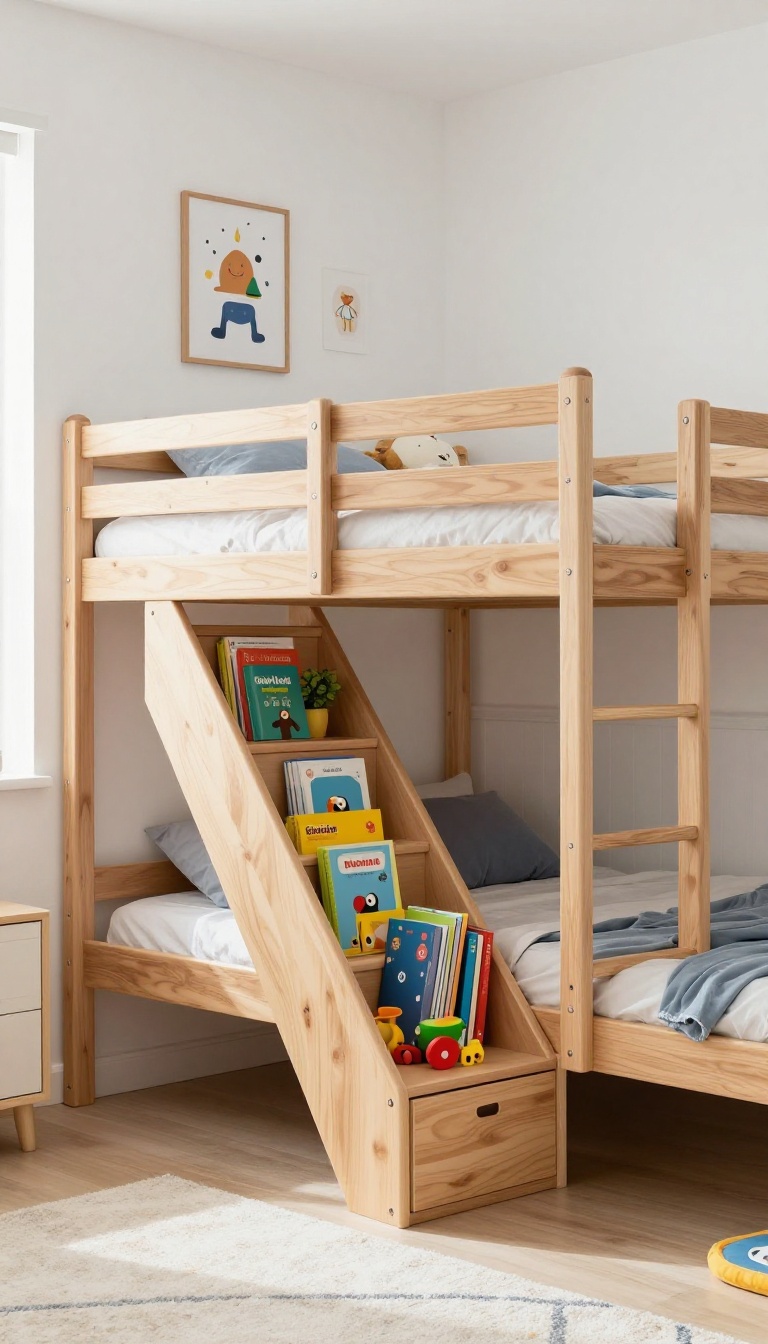 Bunk bed with built-in stairs and storage cubbies in a bright, organized boy's bedroom