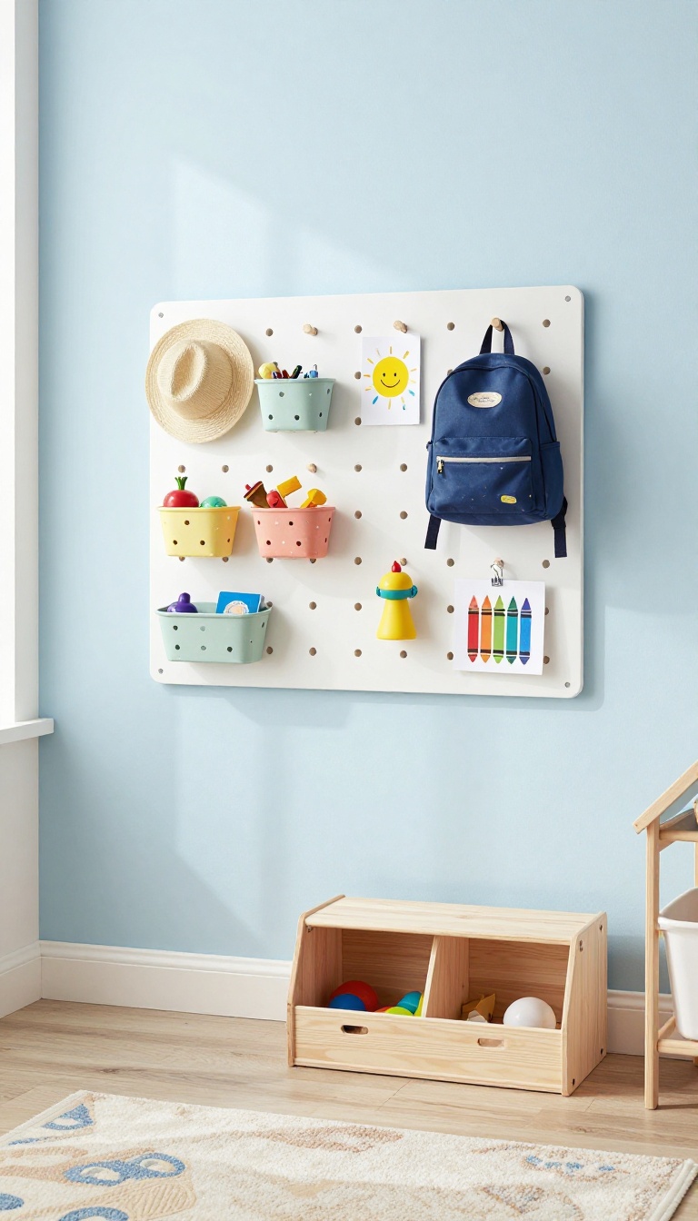 Pegboard storage in a kids' bedroom with toys and accessories organized on the wall.