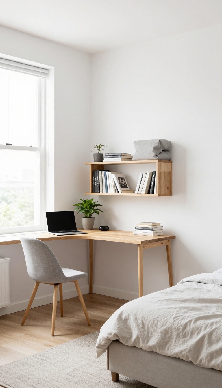 A Murphy bed folded up into the wall with a desk pulled out, creating a dual-purpose guest room and office.