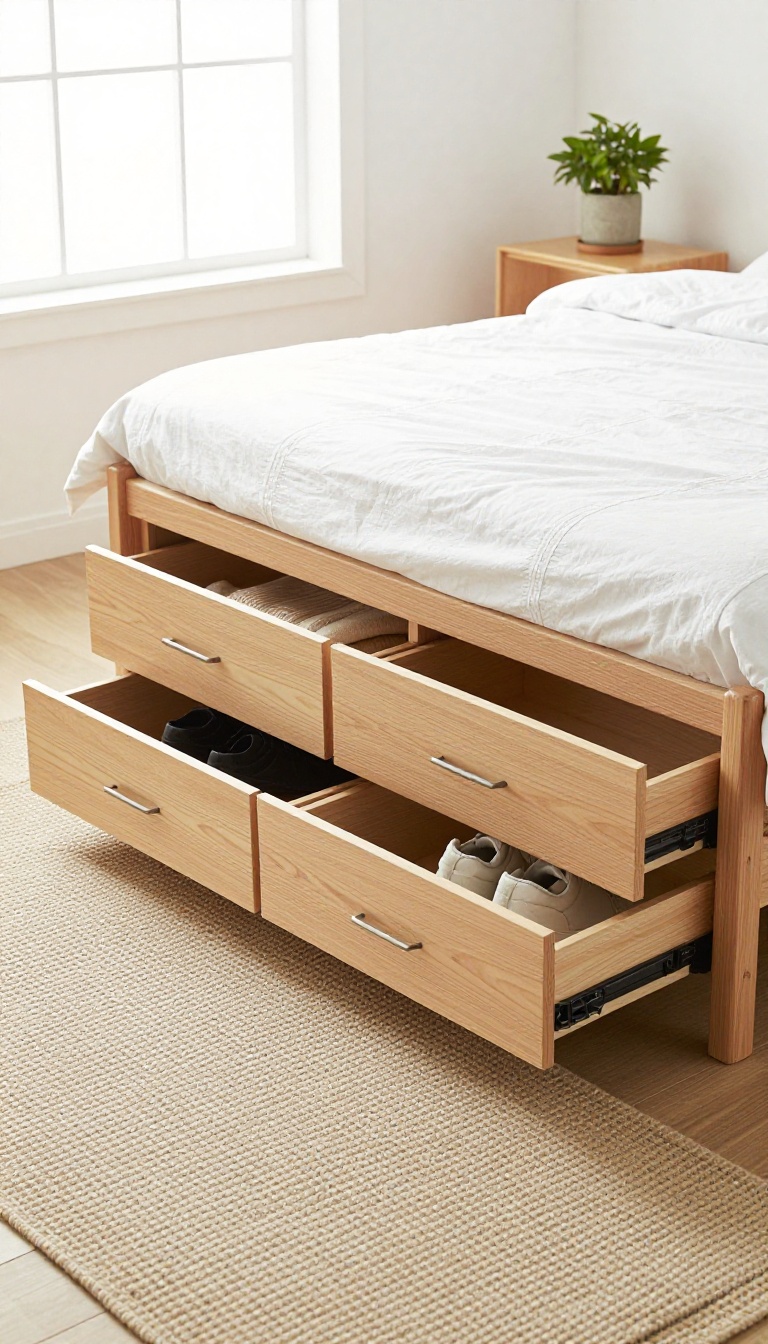 Small bedroom with custom under-bed drawers on wheels, neatly storing clothes and shoes