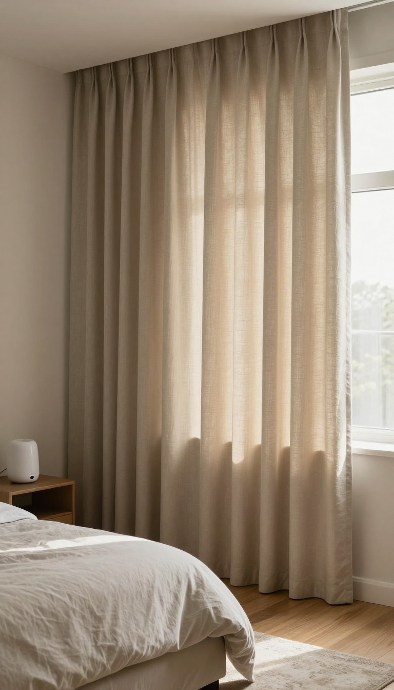 Guest bedroom with closed blackout curtains, cozy rug, and serene ambiance for soundproofing and privacy.