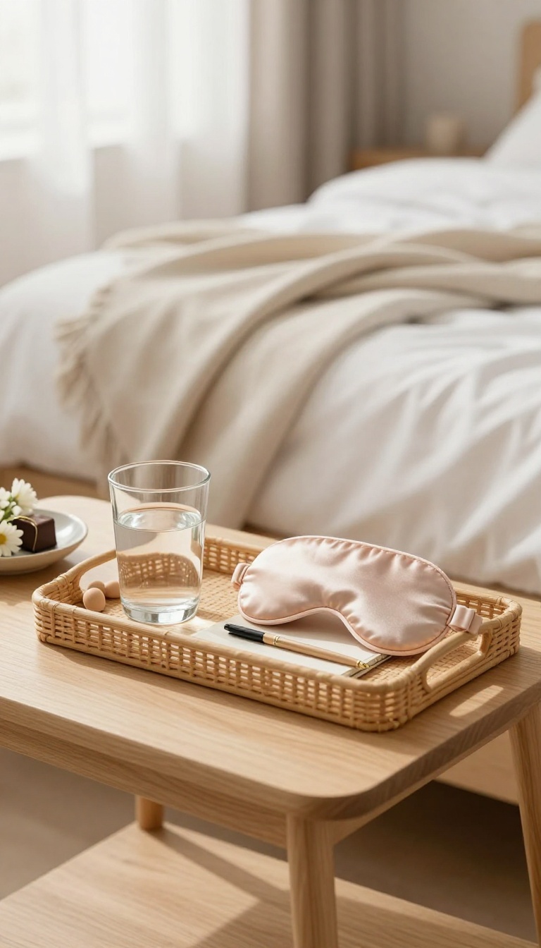 A guest bedroom nightstand with a tray containing water, earplugs, eye mask, notepad, and chocolate, styled for a restful welcome.
