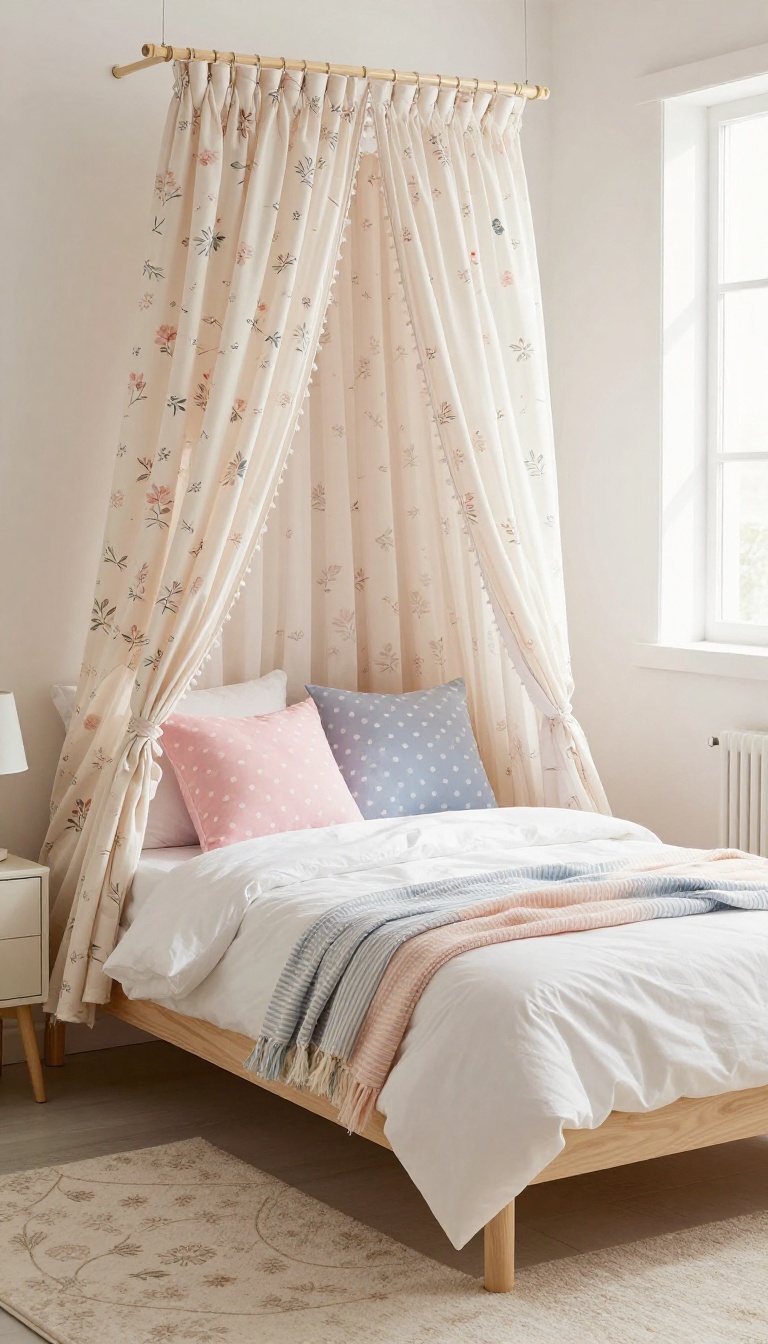 Small bedroom with playful patterned bedding and curtains in pastel colors