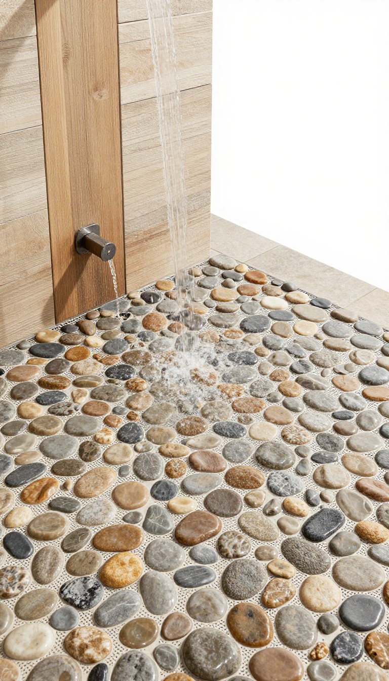 Outdoor shower floor with pebble tile mosaic for natural drainage