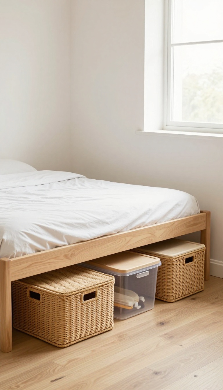 Small bedroom with organized under-bed storage using woven baskets and clear bins, bright natural light, cozy minimal aesthetic.