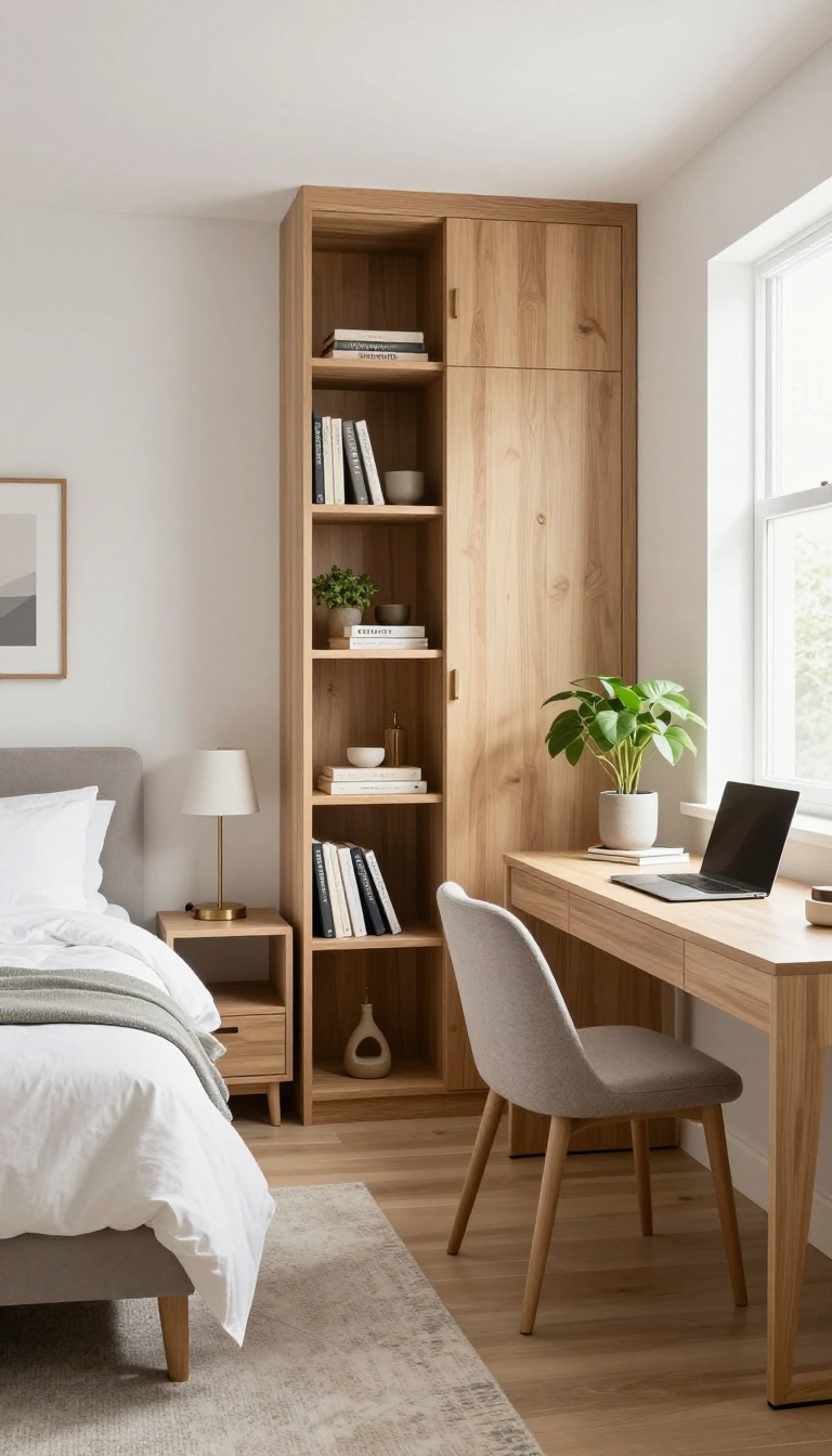 Guest bedroom and home office divided by a wooden bookshelf, with bed on one side and desk on the other.
