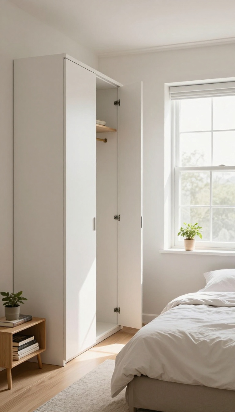 Slim wardrobe tucked behind the bedroom door, hidden when open, maximizing storage in a small room