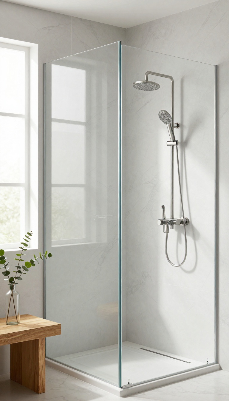 Spacious walk-in shower with dual showerheads on opposite walls, marble tiles, and natural light