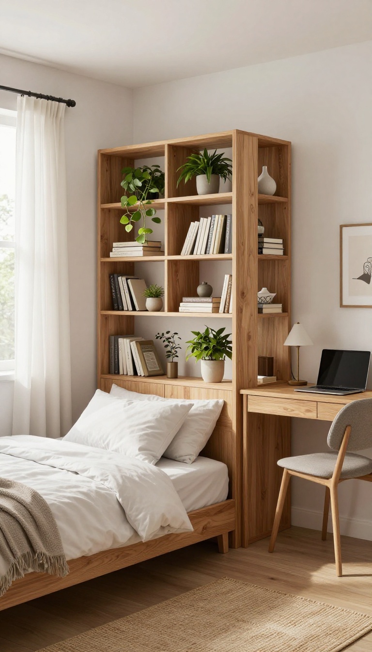 Small bedroom with a wooden shelving unit acting as a room divider, separating a sleeping area from a workspace, with natural light and cozy decor.