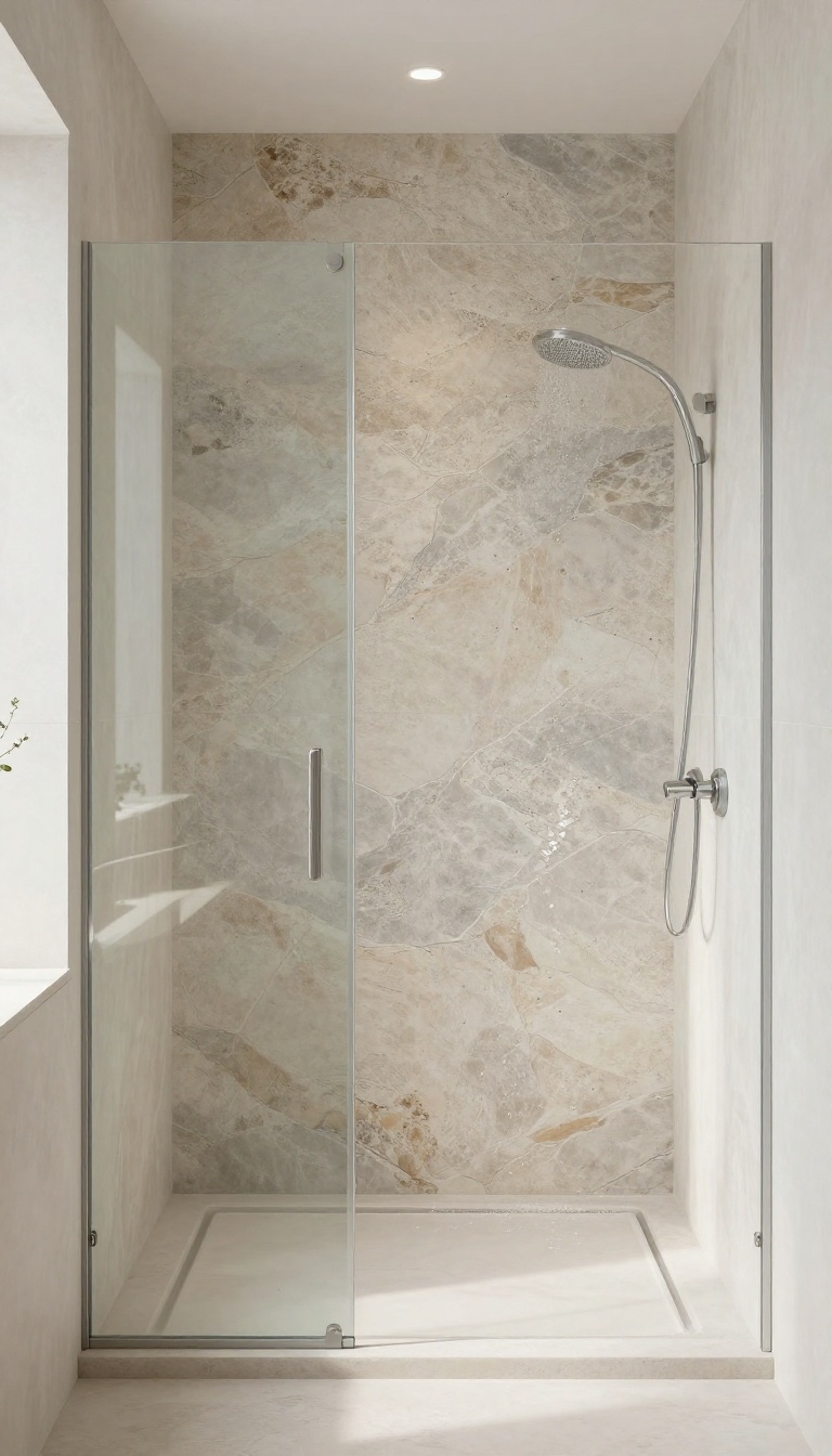 Natural stone veneer above a shower in a bright bathroom
