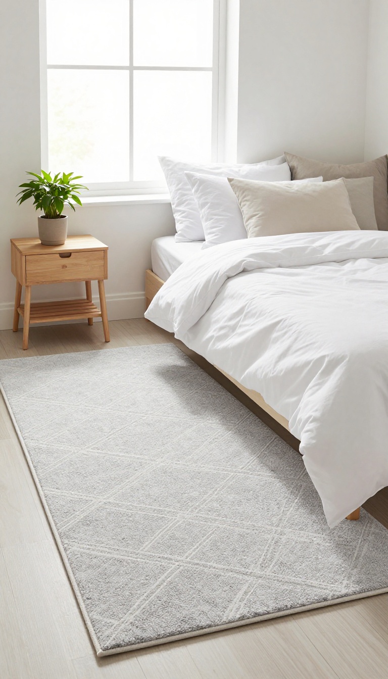 Small bedroom with a light gray patterned rug under the bed, defining the space and adding warmth.