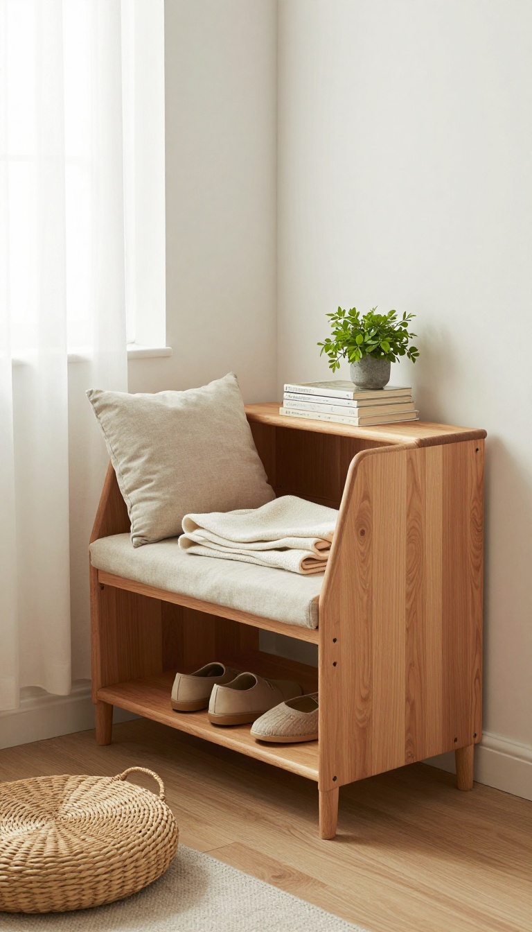 Corner bench with hidden storage in a small bedroom, providing seating and shoe storage