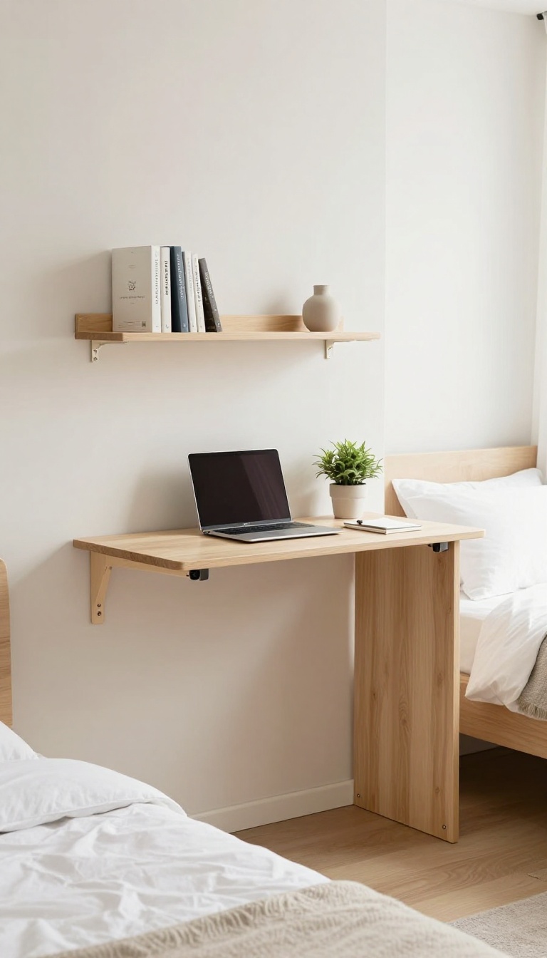 Small bedroom with a wall-mounted fold-down desk and floating shelves, demonstrating space-saving vertical design.