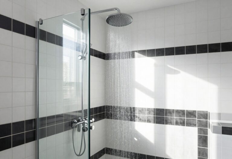Modern bathroom shower with black and white geometric tile pattern