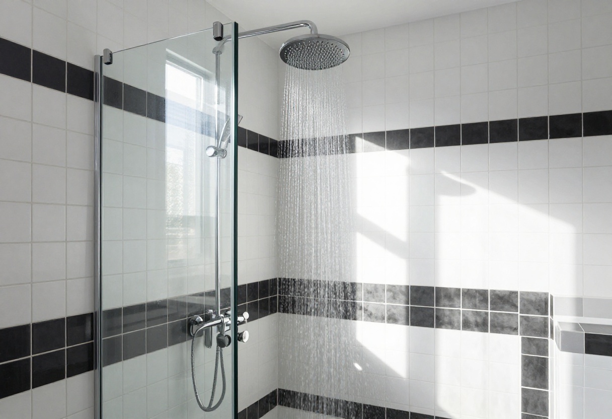 Modern bathroom shower with black and white geometric tile pattern