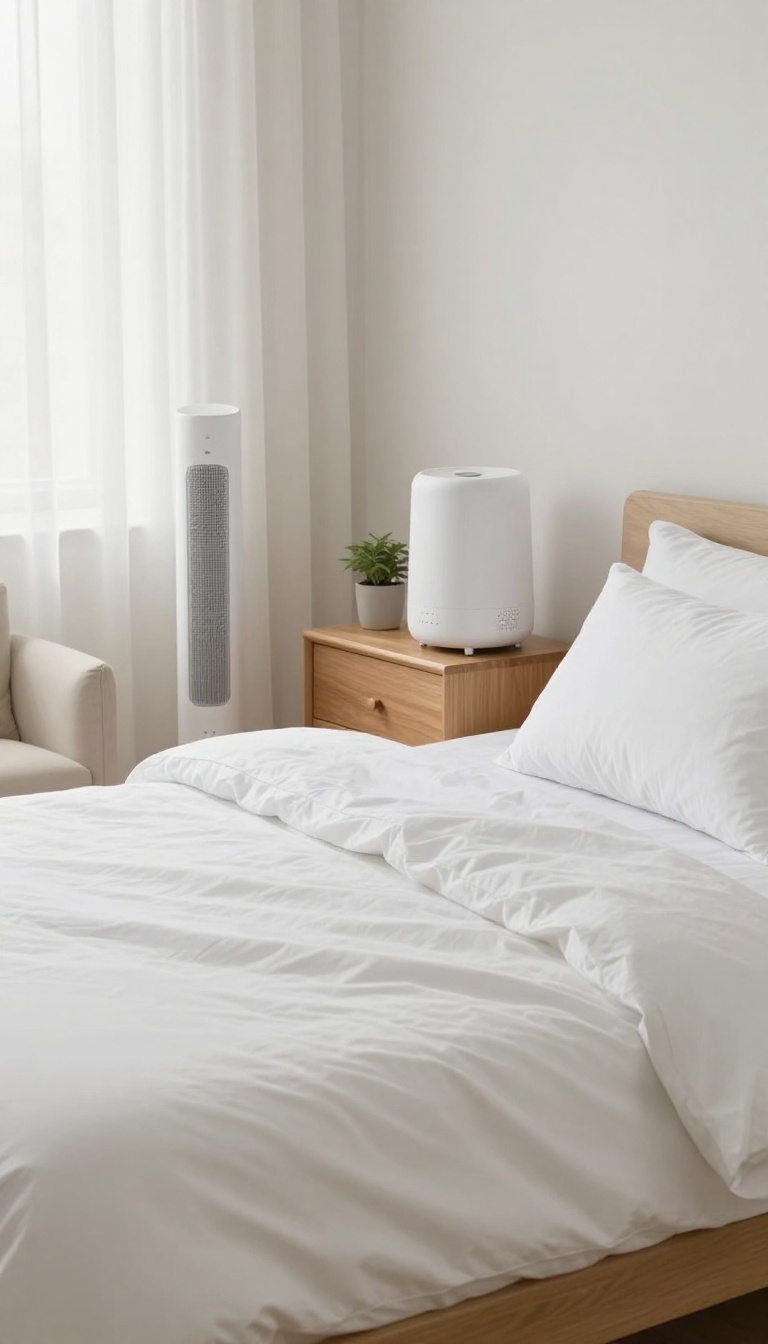 Guest bedroom with a white noise machine on the nightstand and a tower fan in the corner, creating a restful atmosphere