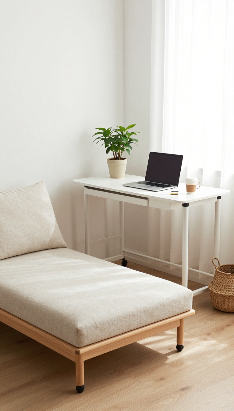 A futon paired with a mobile desk cart in a bright, airy guest room, creating a flexible workspace.