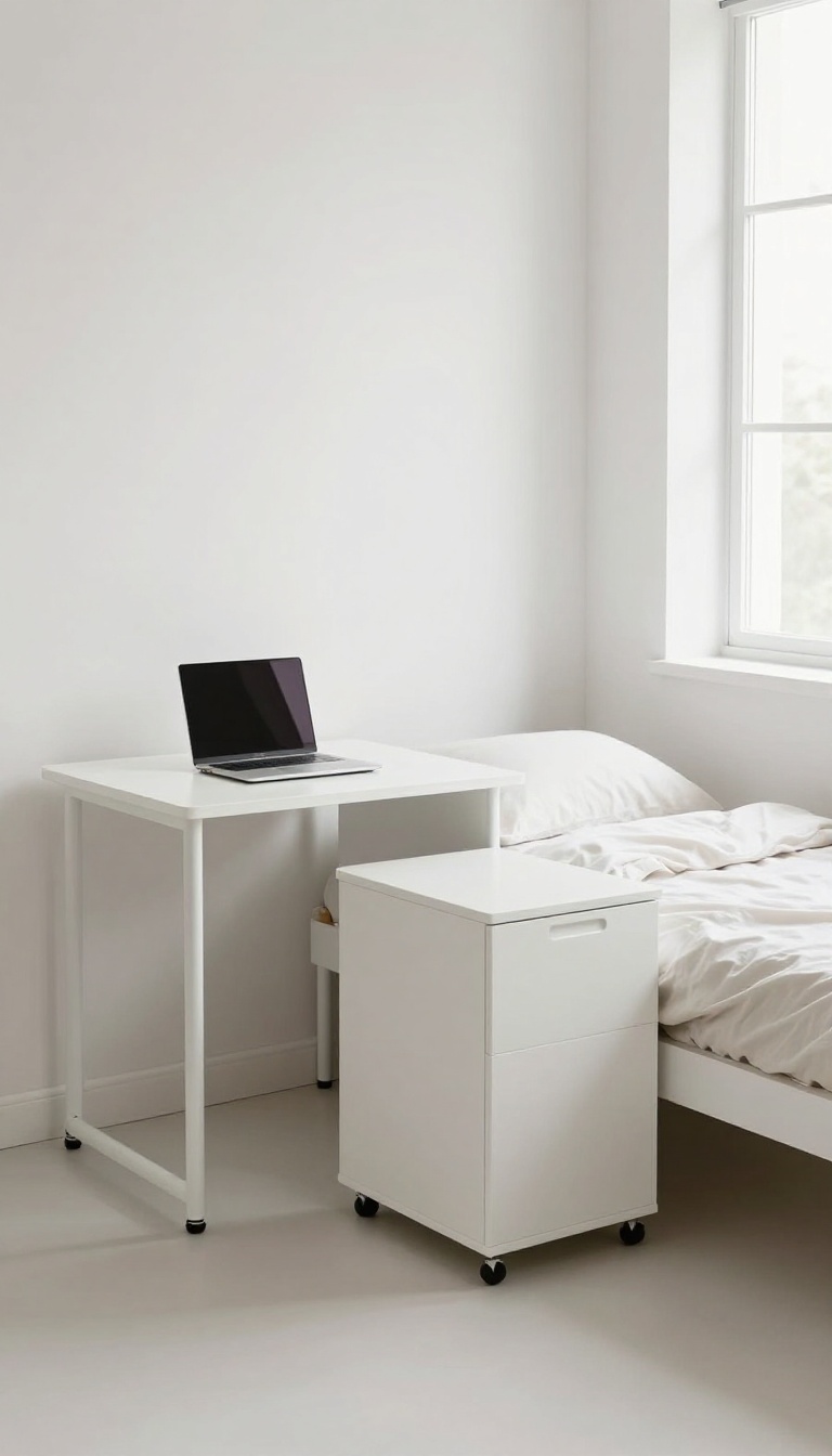 Modular furniture in a small office and guest room combo, featuring a rolling desk and storage cart