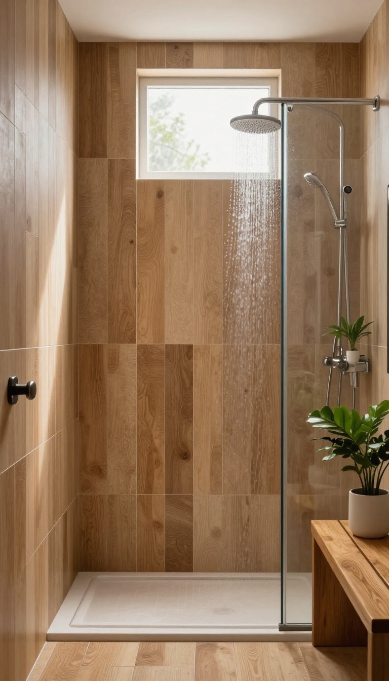 Wood-look tile shower surround in a bright, spa-like bathroom with natural light and plants.