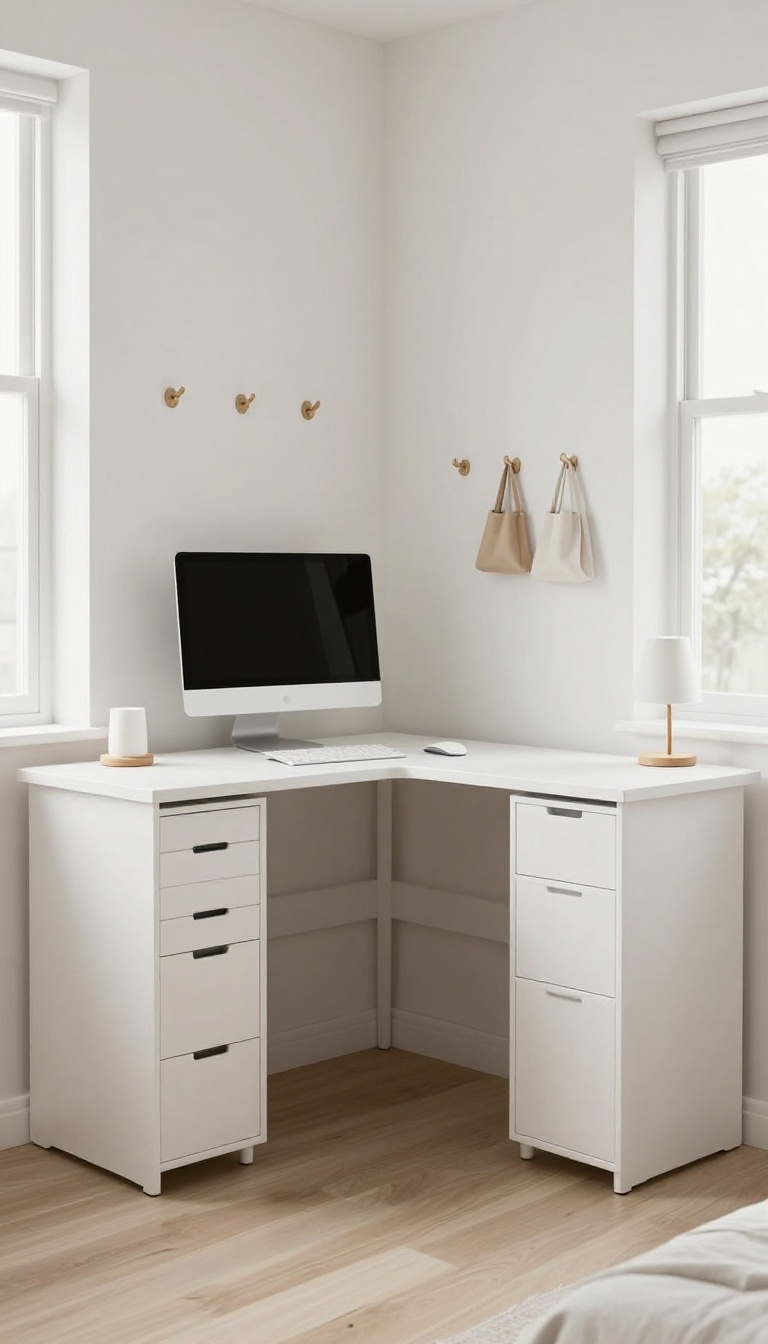 L-shaped desk in the corner of a home office guest room with wall-mounted monitor and slim filing cabinet, open center for guests
