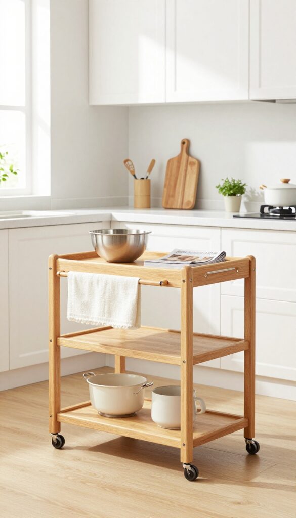 Rolling kitchen cart with cutting board and bowls near a counter in a bright kitchen