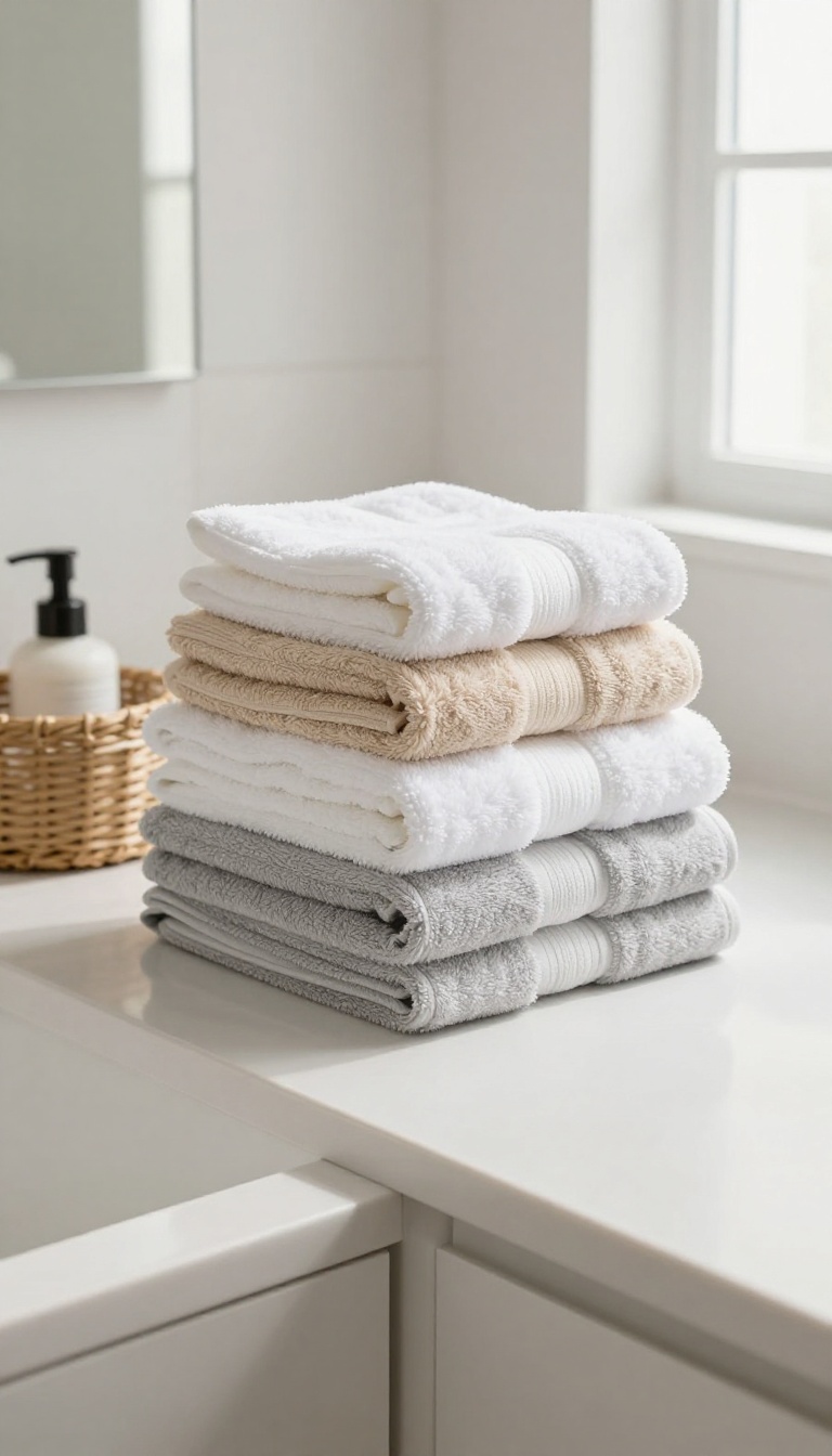 Plush quick-dry towels neatly rolled in a basket on a bathroom counter