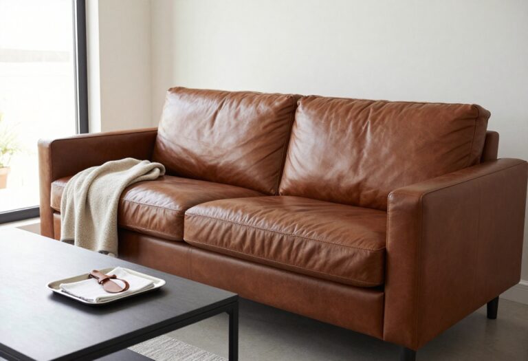 Cleaning a leather couch with a soft cloth and leather care products in a bright living room
