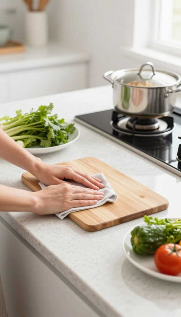 Person wiping kitchen counter while cooking, with clean dishes and fresh ingredients nearby