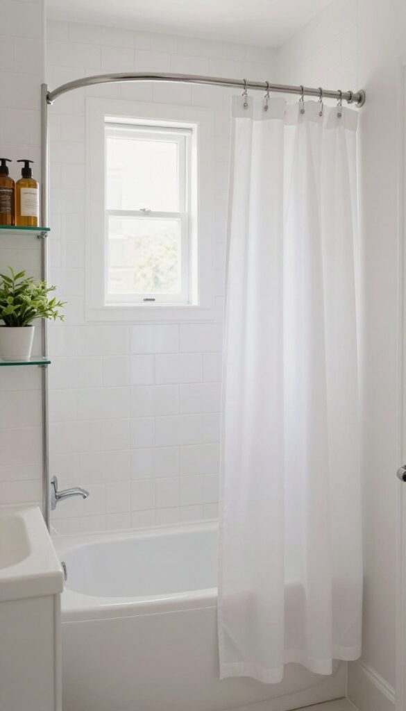 Compact bathroom with a curved shower rod creating extra elbow room in a tub-shower combo