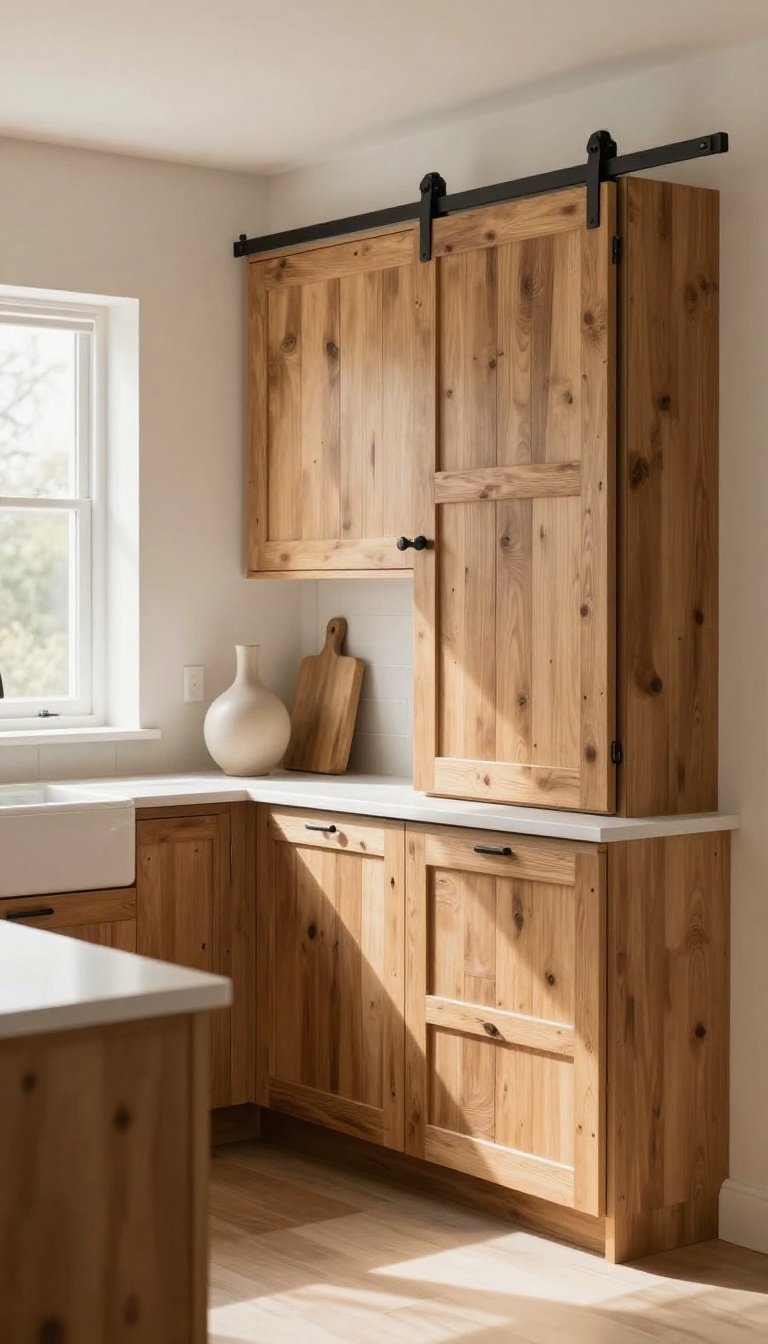 Kitchen with upper cabinets featuring sliding barn doors in rustic wood finish