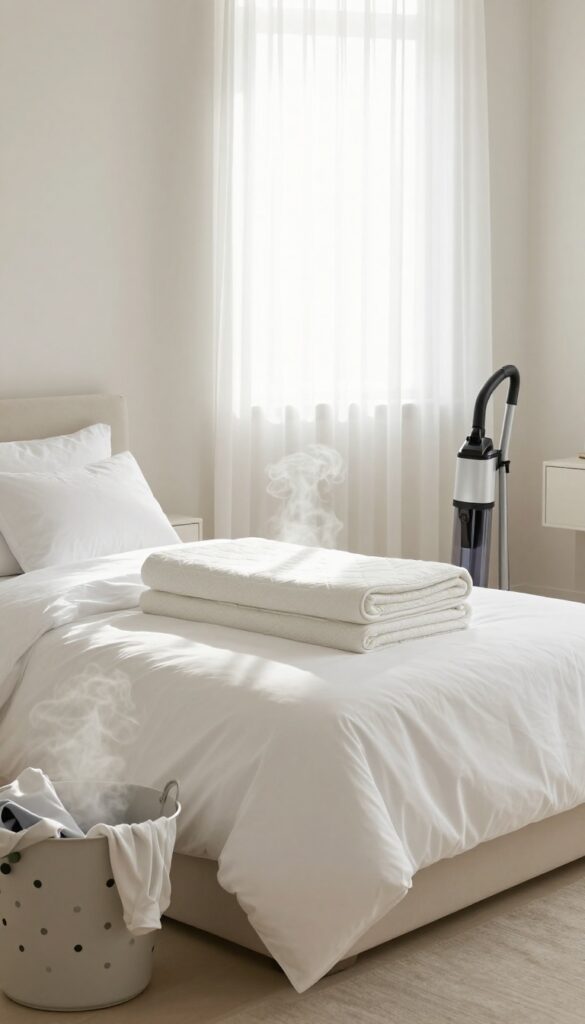 Bright bedroom with freshly washed bedding and a flipped mattress, ready for deep cleaning