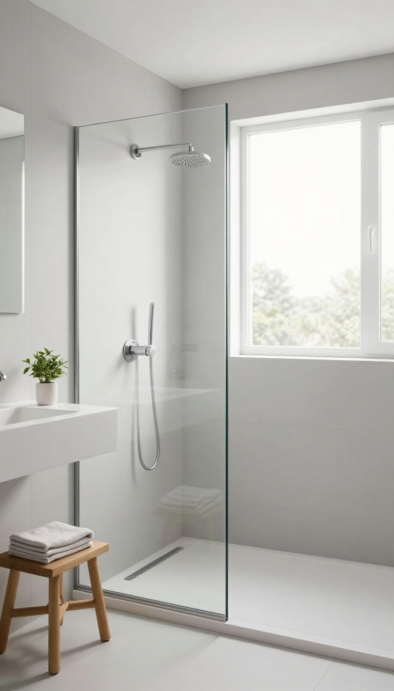 Small modern bathroom with wall-mounted faucet and showerhead, floating vanity, and glass shower, bright natural light.