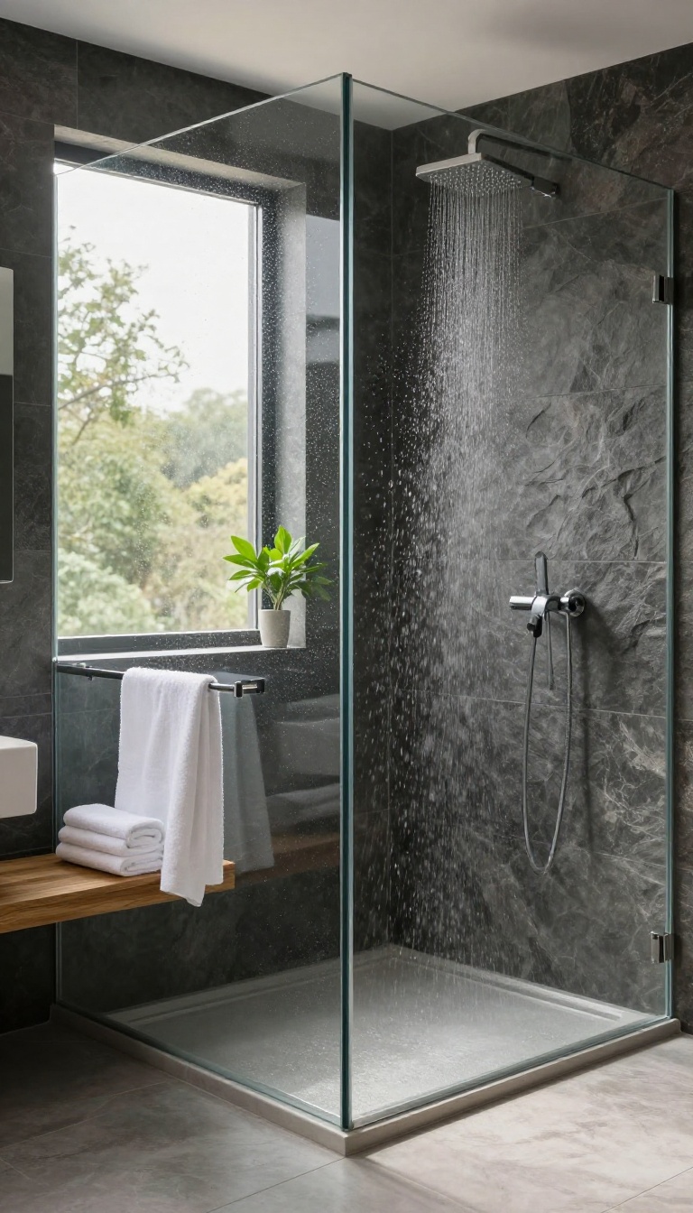 Modern bathroom with a glass steam shower filled with mist, slate tiles, wooden bench, and natural light.