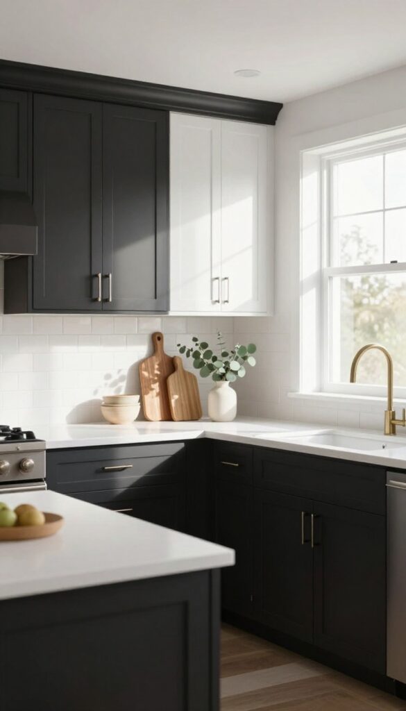 Two-tone kitchen with black lower cabinets and white upper cabinets, bright and airy