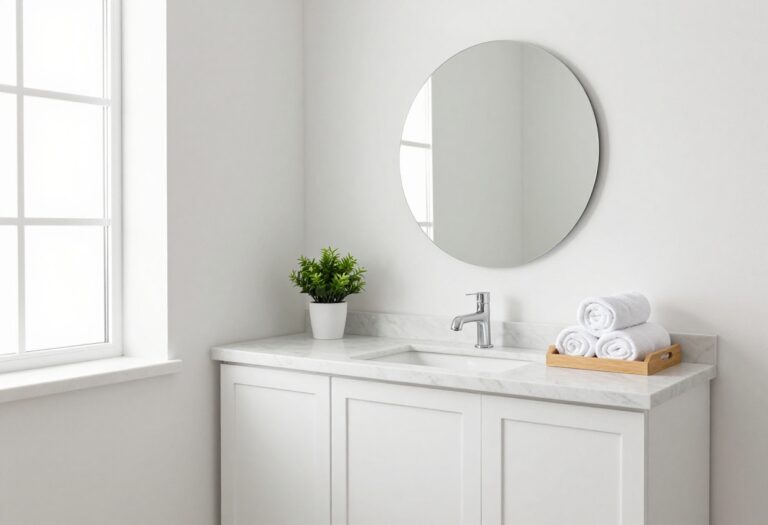 Guest bathroom with marble countertop, backlit mirror, and rolled towels on a wooden tray