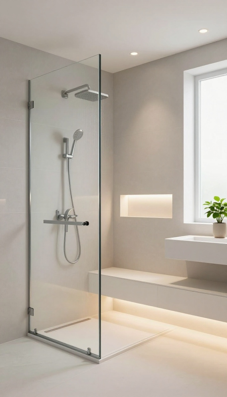 Modern shower-only bathroom with warm LED strip lighting under a bench and in a niche, recessed ceiling lights, and a rainfall showerhead