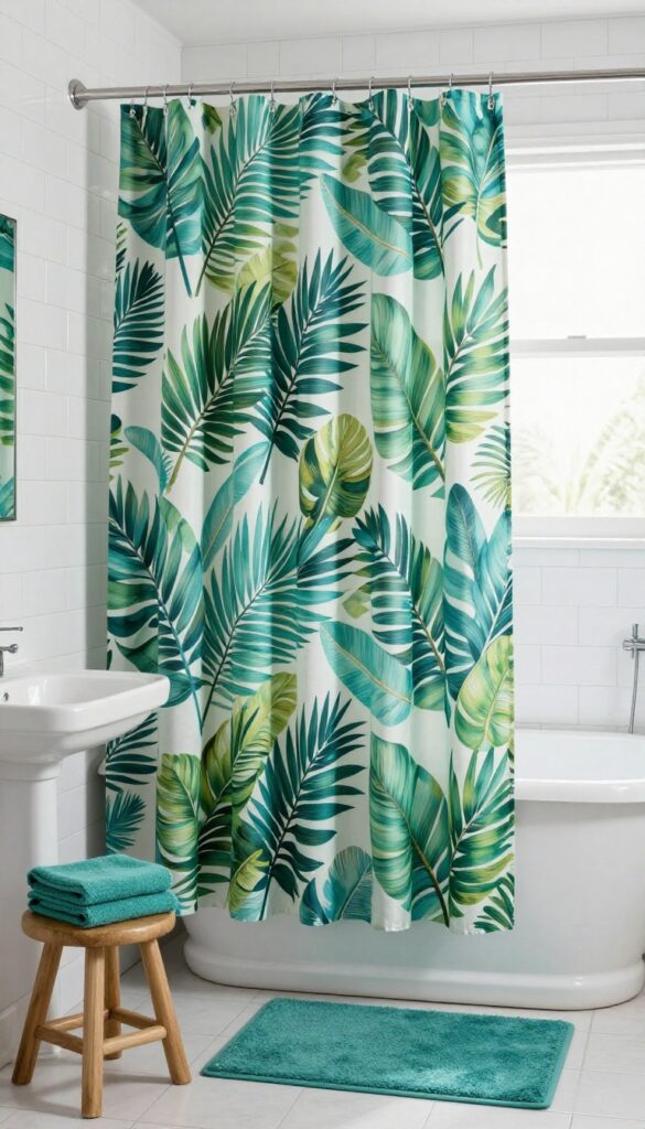Compact bathroom with a tropical leaf patterned shower curtain and clear liner, styled with teal towels and a wooden stool.