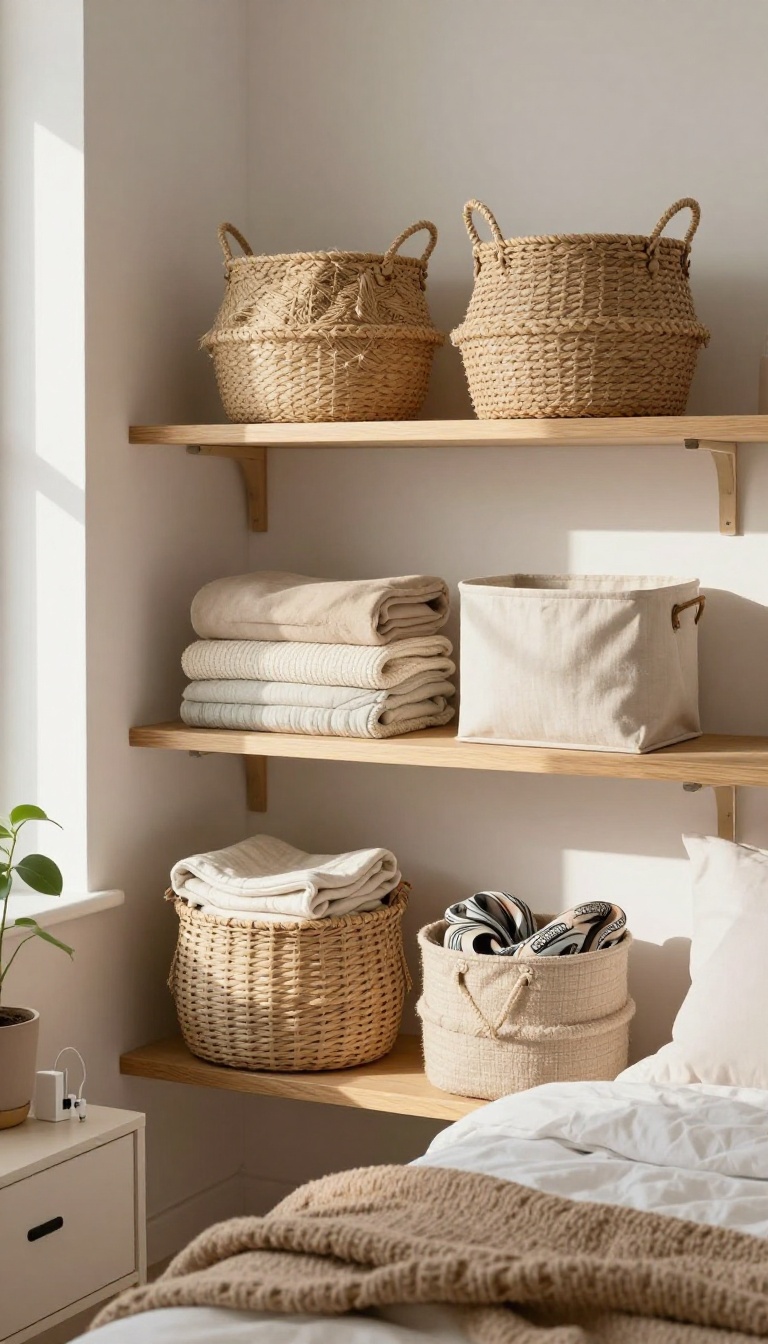 Bedroom organization with baskets and bins on a shelf, neatly storing items