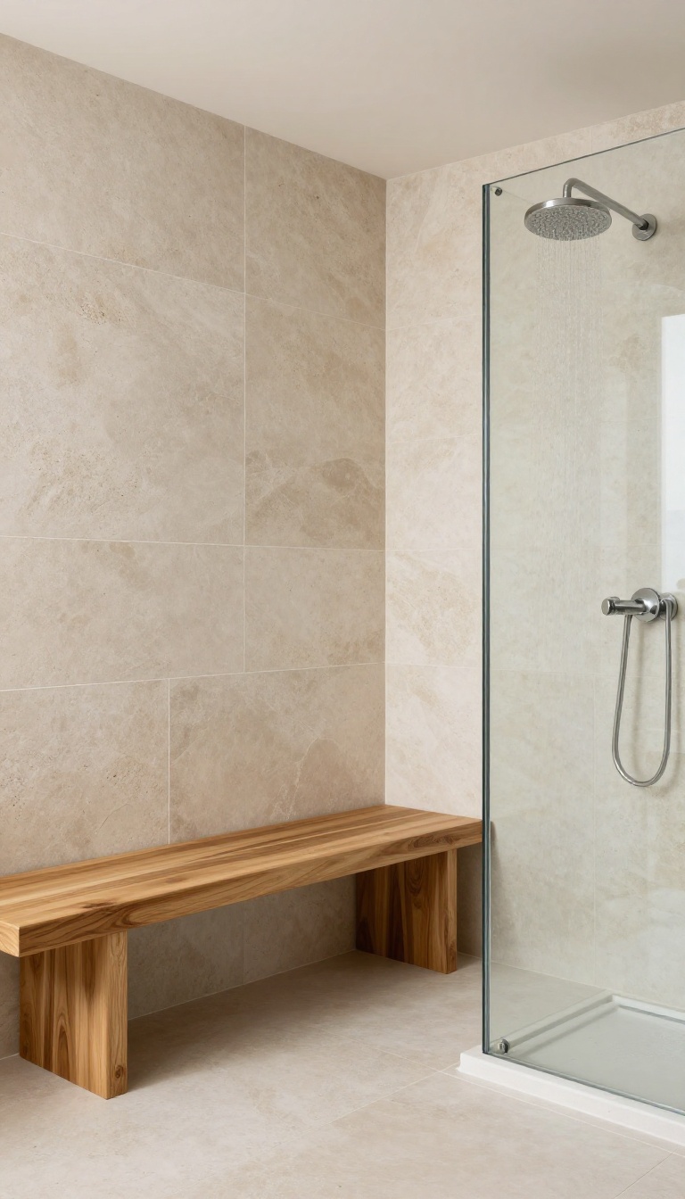 Modern walk-in shower with a built-in teak bench in the corner, natural stone tiles, glass enclosure, and rainfall showerhead.