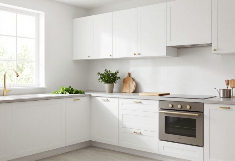 Modern kitchen with white cabinets and brass bar pulls