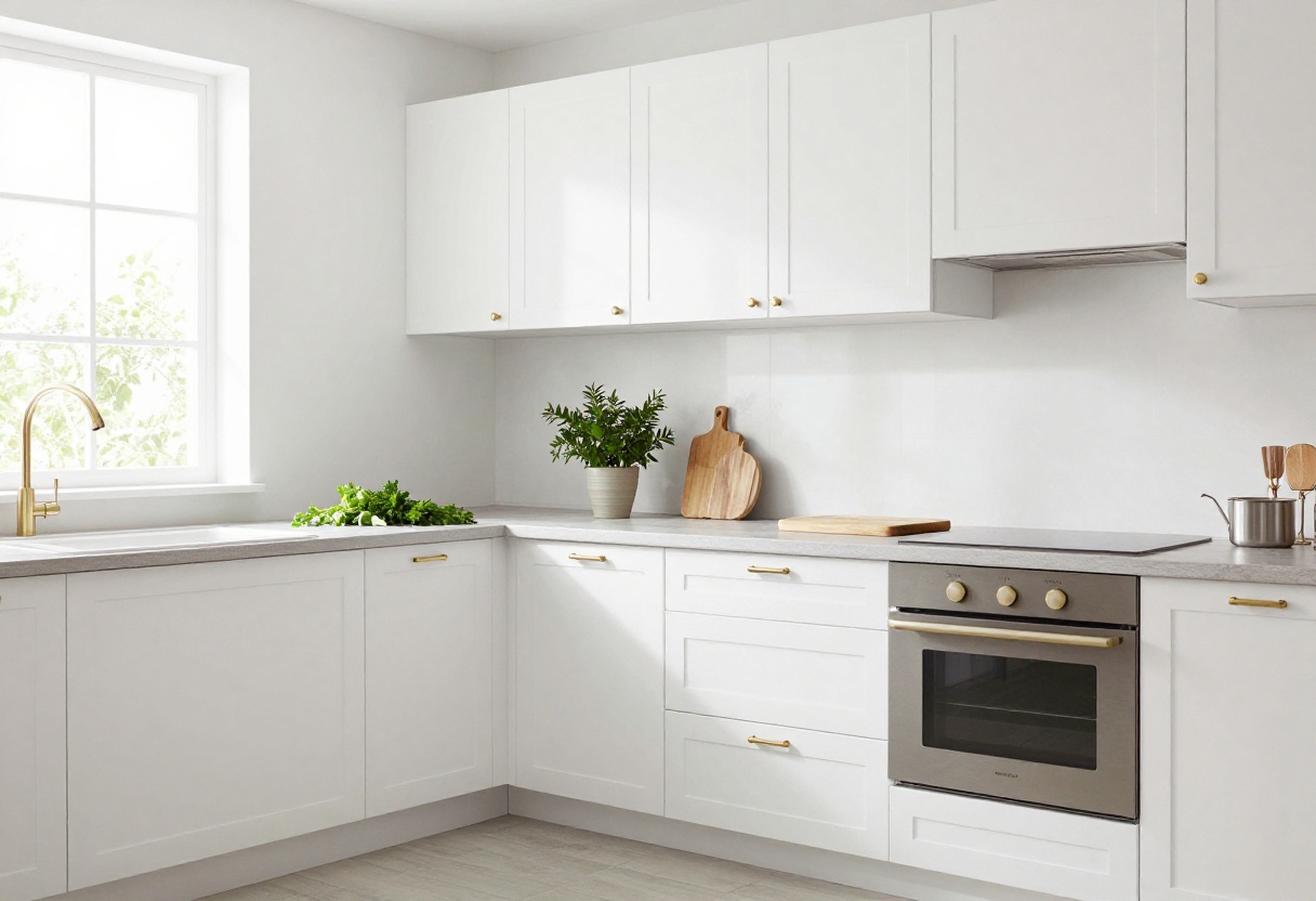 Modern kitchen with white cabinets and brass bar pulls