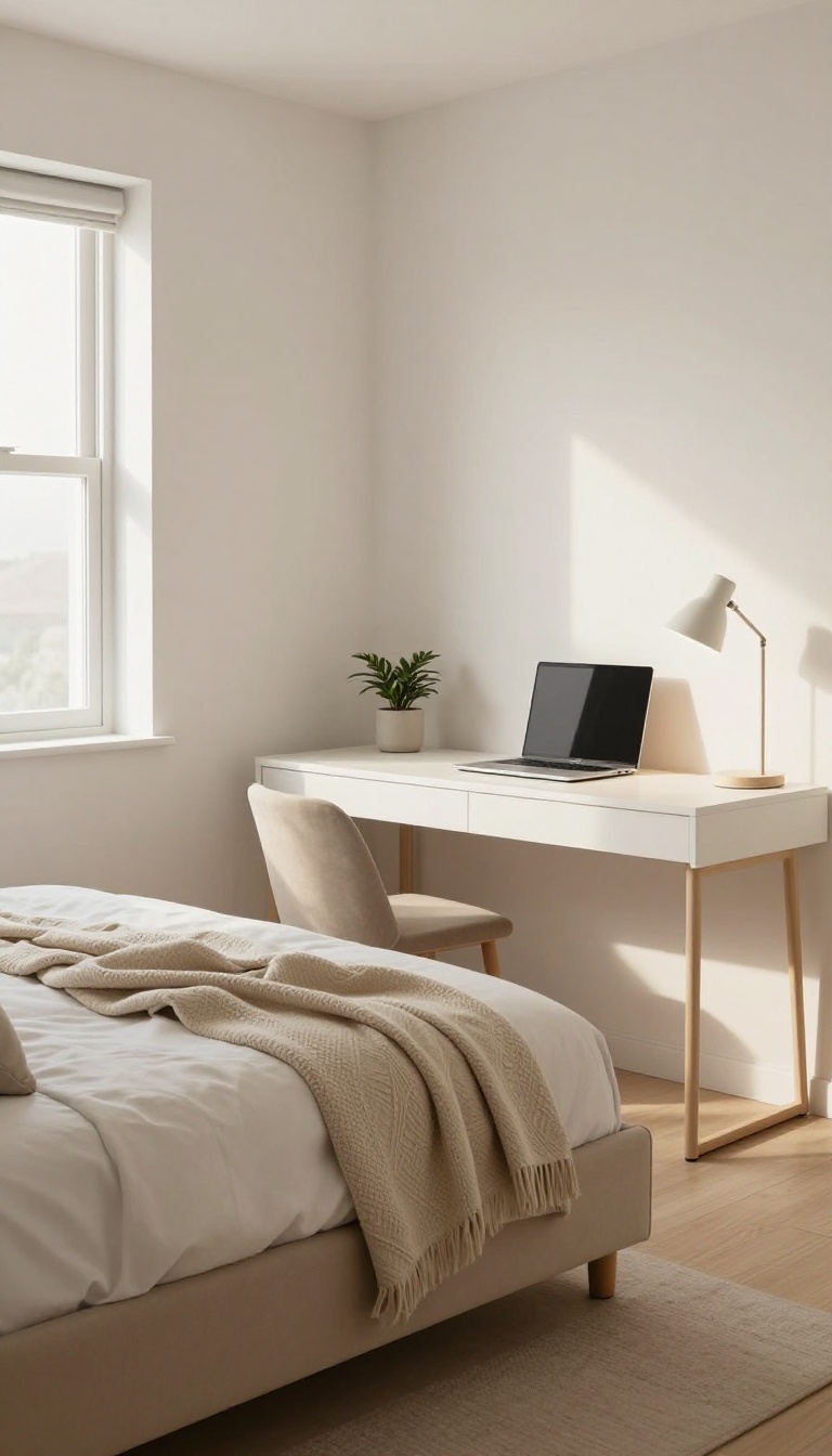 Bright guest bedroom office combo with a daybed and trundle styled as a lounge, and a desk on the opposite wall.