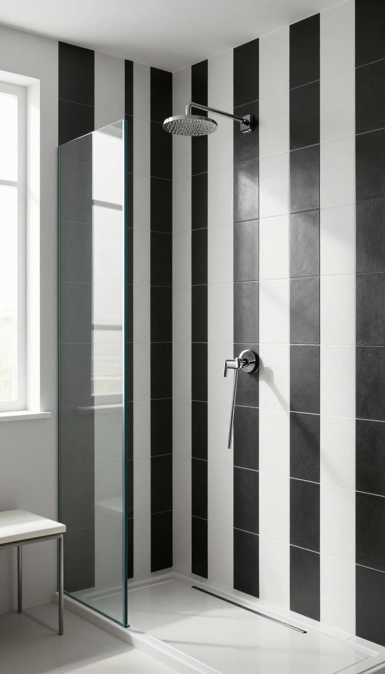 Vertical black and white striped shower tiles with matte and glossy finishes, creating a tall, elegant look.