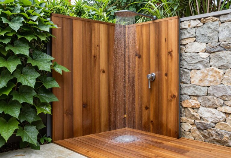 Outdoor shower with teak wood slat flooring and natural stone wall