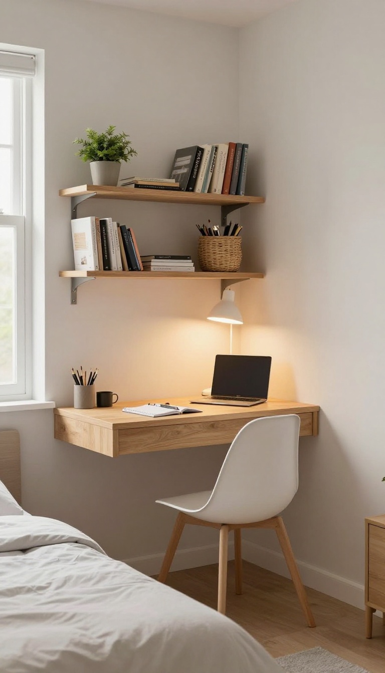 A corner desk with floating shelves and a chair in a small bedroom, creating a compact home office area