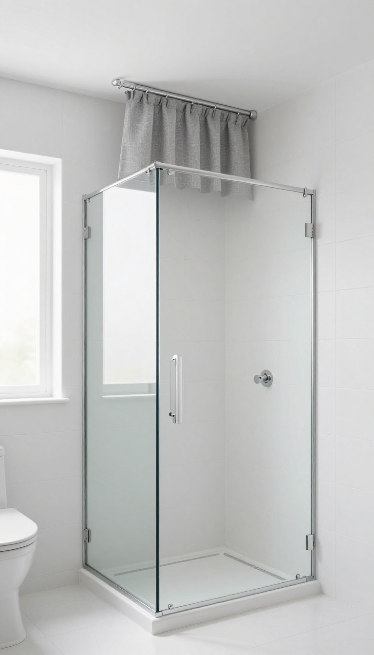 A bathroom with a ceiling-mounted shower curtain and a patterned valance, creating a layered and tall look.