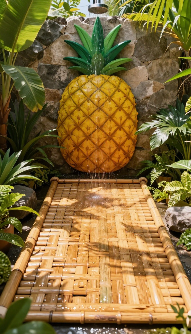 Outdoor shower with a bamboo mat floor surrounded by tropical plants and stone walls