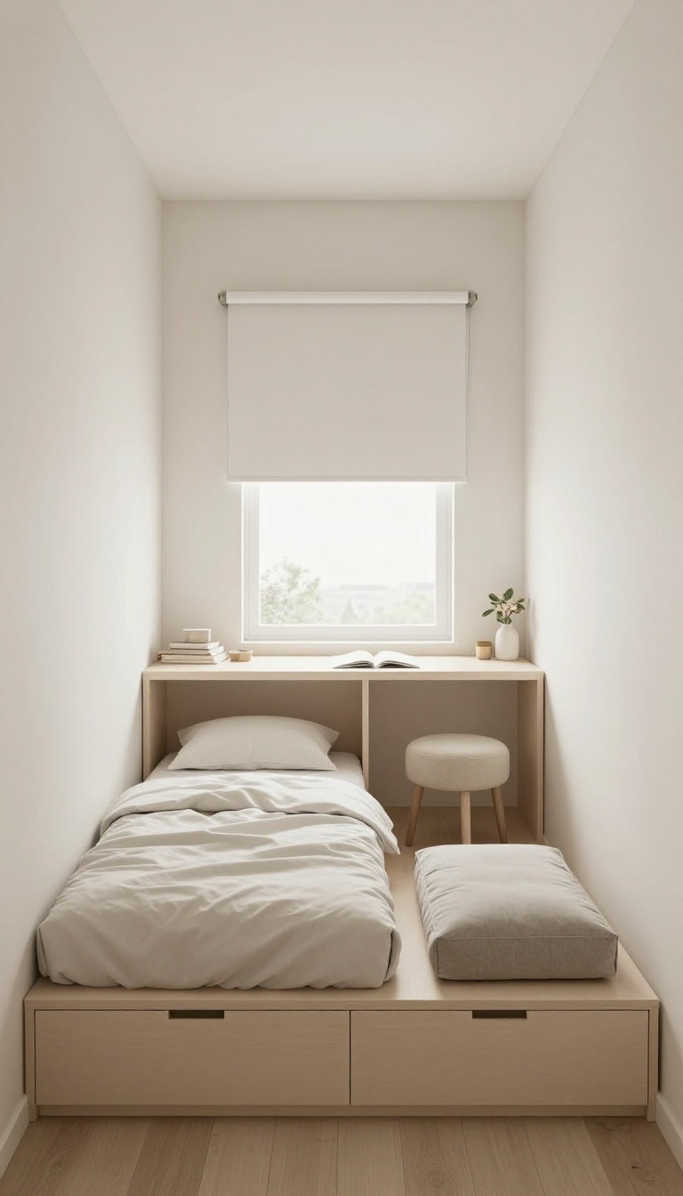 Small bedroom with multi-functional furniture including a bed with drawers, a fold-down desk, and a storage ottoman