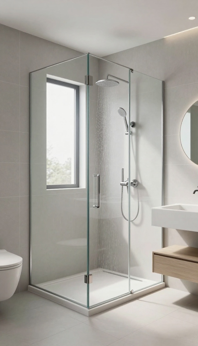 Modern bathroom with floor-to-ceiling glass shower enclosure, bright natural light, and clean minimalist design.